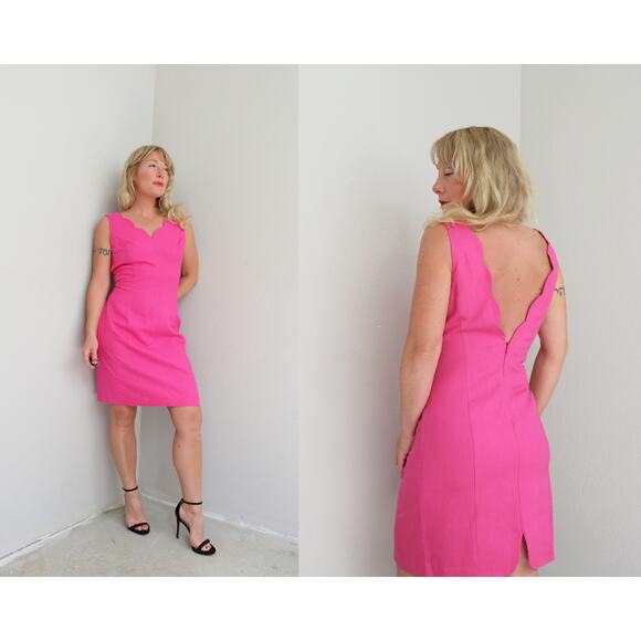 1990's Vintage Moda Int'l Scalloped Linen Cocktail Dress Women's MD 8 10 Sheath - Picture 1 of 10